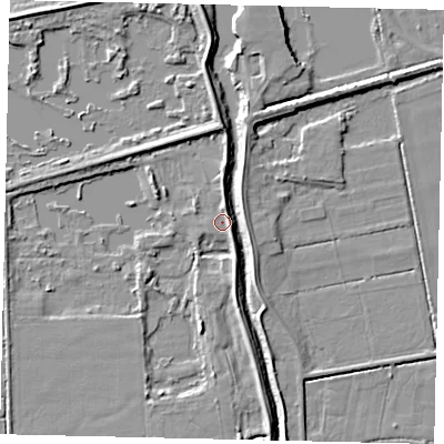 Shaded relief map of the ground around DN197EU, computed from Environment Agency LiDAR. The ground here sits at about 4 m above sea level and falls 5 m across the surrounding 800 m. Surface water reaching this point runs off ground lying to the south-east, 2.1 m higher.