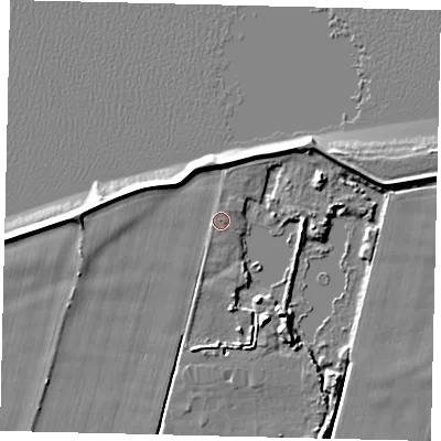 Shaded relief map of the ground around DN197EW, computed from Environment Agency LiDAR. The ground here sits at about 3 m above sea level and falls 6 m across the surrounding 800 m. Surface water reaching this point runs off ground lying to the west, 1.3 m higher.