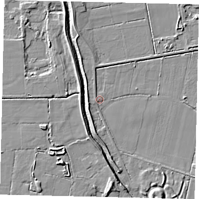 Shaded relief map of the ground around DN197EX, computed from Environment Agency LiDAR. The ground here sits at about 4 m above sea level and falls 7 m across the surrounding 800 m. Surface water reaching this point runs off ground lying to the west-south-west, 2.0 m higher.