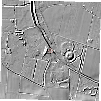Shaded relief map of the ground around DN197EY, computed from Environment Agency LiDAR. The ground here sits at about 4 m above sea level and falls 8 m across the surrounding 800 m. Surface water reaching this point runs off ground lying to the west-north-west, 6.5 m higher.
