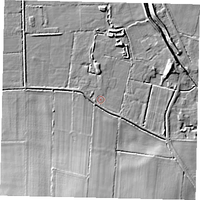 Shaded relief map of the ground around DN197EZ, computed from Environment Agency LiDAR. The ground here sits at about 3 m above sea level and falls 13 m across the surrounding 800 m. Surface water reaching this point runs off ground lying to the south-east, 1.0 m higher.