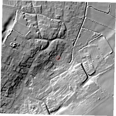 Shaded relief map of the ground around DN197FD, computed from Environment Agency LiDAR. The ground here sits at about 6 m above sea level and falls 17 m across the surrounding 800 m. Surface water reaching this point runs off ground lying to the west-north-west, 5.4 m higher.
