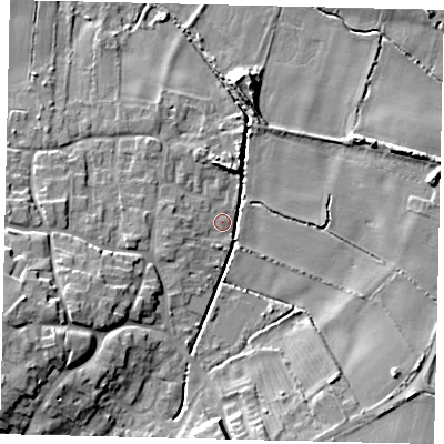 Shaded relief map of the ground around DN197GG, computed from Environment Agency LiDAR. The ground here sits at about 5 m above sea level and falls 13 m across the surrounding 800 m. Surface water reaching this point runs off ground lying to the west-south-west, 4.1 m higher.