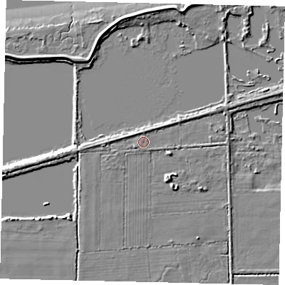 Shaded relief map of the ground around DN197HA, computed from Environment Agency LiDAR. The ground here sits at about 3 m above sea level and falls 5 m across the surrounding 800 m. Surface water reaching this point runs off ground lying to the west-north-west, 1.7 m higher.