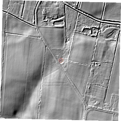 Shaded relief map of the ground around DN197HB, computed from Environment Agency LiDAR. The ground here sits at about 6 m above sea level and falls 17 m across the surrounding 800 m. Surface water reaching this point runs off ground lying to the south-south-east, 2.7 m higher.