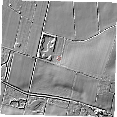 Shaded relief map of the ground around DN197HD, computed from Environment Agency LiDAR. The ground here sits at about 4 m above sea level and falls 7 m across the surrounding 800 m. Surface water reaching this point runs off ground lying to the south-east, 3.6 m higher.