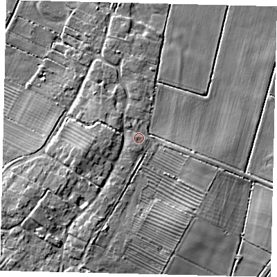 Shaded relief map of the ground around DN197HE, computed from Environment Agency LiDAR. The ground here sits at about 5 m above sea level and falls 10 m across the surrounding 800 m. Surface water reaching this point runs off ground lying to the south-south-west, 5.8 m higher.