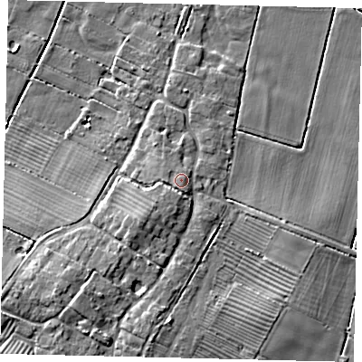 Shaded relief map of the ground around DN197JX, computed from Environment Agency LiDAR. The ground here sits at about 6 m above sea level and falls 10 m across the surrounding 800 m. Surface water reaching this point runs off ground lying to the south-west, 1.0 m higher.