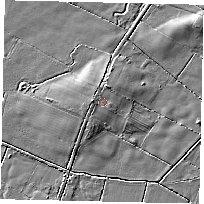 Shaded relief map of the ground around DN197JY, computed from Environment Agency LiDAR. The ground here sits at about 5 m above sea level and falls 6 m across the surrounding 800 m. Surface water reaching this point runs off ground lying to the north-west, 1.3 m higher.
