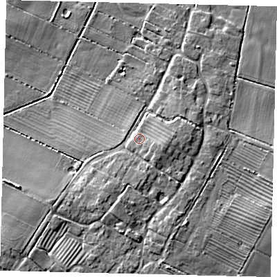 Shaded relief map of the ground around DN197JZ, computed from Environment Agency LiDAR. The ground here sits at about 7 m above sea level and falls 10 m across the surrounding 800 m. Surface water reaching this point runs off ground lying to the east-south-east, 2.4 m higher.
