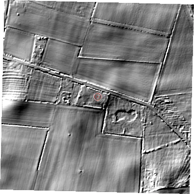 Shaded relief map of the ground around DN197LP, computed from Environment Agency LiDAR. The ground here sits at about 13 m above sea level and falls 6 m across the surrounding 800 m. Surface water reaching this point runs off ground lying to the north-west, 0.7 m higher.
