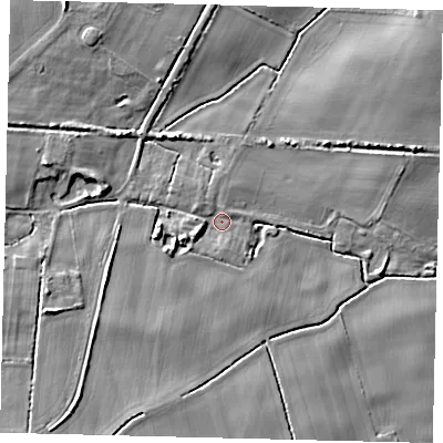 Shaded relief map of the ground around DN197NE, computed from Environment Agency LiDAR. The ground here sits at about 4 m above sea level and falls 8 m across the surrounding 800 m. Surface water reaching this point runs off ground lying to the west-south-west, 5.2 m higher.