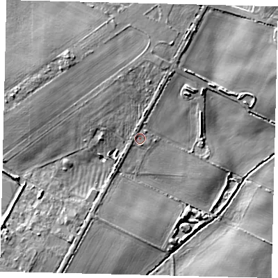 Shaded relief map of the ground around DN197NF, computed from Environment Agency LiDAR. The ground here sits at about 5 m above sea level and falls 9 m across the surrounding 800 m. Surface water reaching this point runs off ground lying to the north-north-west, 3.6 m higher.
