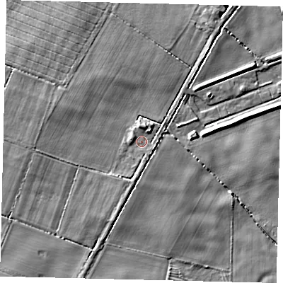Shaded relief map of the ground around DN197NG, computed from Environment Agency LiDAR. The ground here sits at about 4 m above sea level and falls 5 m across the surrounding 800 m. Surface water reaching this point runs off ground lying to the north, 1.6 m higher.