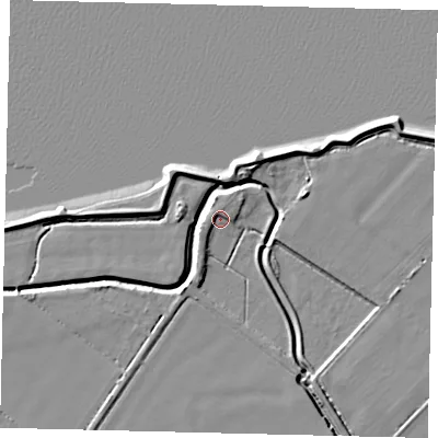 Shaded relief map of the ground around DN197NH, computed from Environment Agency LiDAR. The ground here sits at about 2 m above sea level and falls 6 m across the surrounding 800 m. Surface water reaching this point runs off ground lying to the south-south-west, 4.4 m higher.