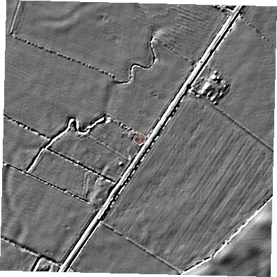Shaded relief map of the ground around DN197NJ, computed from Environment Agency LiDAR. The ground here sits at about 2 m above sea level and falls 4 m across the surrounding 800 m. Surface water reaching this point runs off ground lying to the south-east, 1.1 m higher.