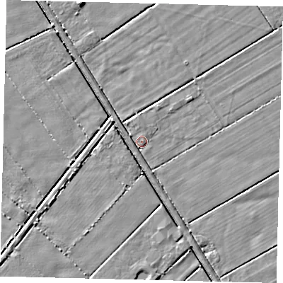 Shaded relief map of the ground around DN197NQ, computed from Environment Agency LiDAR. The ground here sits at about 3 m above sea level and falls 5 m across the surrounding 800 m. Surface water reaching this point runs off ground lying to the east, 1.9 m higher.