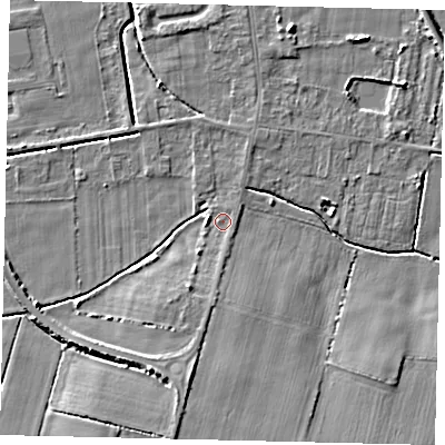 Shaded relief map of the ground around DN197PH, computed from Environment Agency LiDAR. The ground here sits at about 3 m above sea level and falls 6 m across the surrounding 800 m. Surface water reaching this point runs off ground lying to the south, 1.7 m higher.