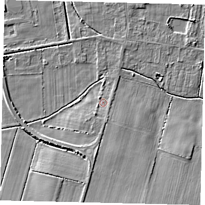 Shaded relief map of the ground around DN197PJ, computed from Environment Agency LiDAR. The ground here sits at about 4 m above sea level and falls 6 m across the surrounding 800 m. Surface water reaching this point runs off ground lying to the south, 2.4 m higher.