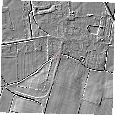 Shaded relief map of the ground around DN197PL, computed from Environment Agency LiDAR. The ground here sits at about 3 m above sea level and falls 6 m across the surrounding 800 m. Surface water reaching this point runs off ground lying to the south, 1.0 m higher.