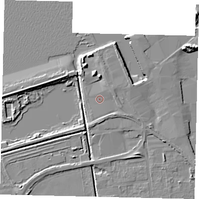 Shaded relief map of the ground around DN197PN, computed from Environment Agency LiDAR. The ground here sits at about 4 m above sea level and falls 8 m across the surrounding 800 m. Surface water reaching this point runs off ground lying to the north-east, 1.9 m higher.