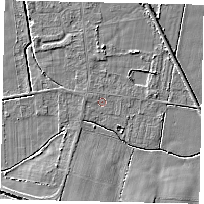 Shaded relief map of the ground around DN197PP, computed from Environment Agency LiDAR. The ground here sits at about 3 m above sea level and falls 6 m across the surrounding 800 m. Surface water reaching this point runs off ground lying to the north-west, 0.6 m higher.