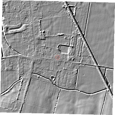 Shaded relief map of the ground around DN197PT, computed from Environment Agency LiDAR. The ground here sits at about 3 m above sea level and falls 5 m across the surrounding 800 m. Surface water reaching this point runs off ground lying to the south-east, 5.2 m higher.