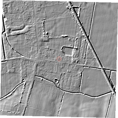 Shaded relief map of the ground around DN197PU, computed from Environment Agency LiDAR. The ground here sits at about 3 m above sea level and falls 5 m across the surrounding 800 m. Surface water reaching this point runs off ground lying to the south-east, 5.1 m higher.