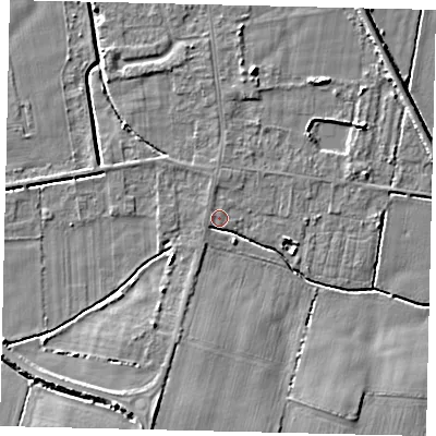 Shaded relief map of the ground around DN197PW, computed from Environment Agency LiDAR. The ground here sits at about 3 m above sea level and falls 6 m across the surrounding 800 m. The ground contributing surface water to this point lies to the north-north-west.