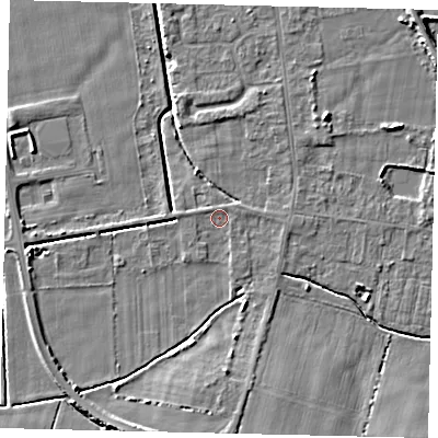 Shaded relief map of the ground around DN197PY, computed from Environment Agency LiDAR. The ground here sits at about 3 m above sea level and falls 5 m across the surrounding 800 m. Surface water reaching this point runs off ground lying to the west, 3.6 m higher.