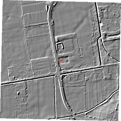 Shaded relief map of the ground around DN197PZ, computed from Environment Agency LiDAR. The ground here sits at about 2 m above sea level and falls 5 m across the surrounding 800 m. Surface water reaching this point runs off ground lying to the south, 1.6 m higher.