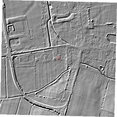 Shaded relief map of the ground around DN197QA, computed from Environment Agency LiDAR. The ground here sits at about 3 m above sea level and falls 6 m across the surrounding 800 m. Surface water reaching this point runs off ground lying to the south-west, 2.1 m higher.