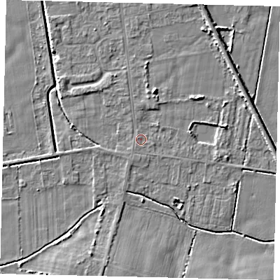 Shaded relief map of the ground around DN197QB, computed from Environment Agency LiDAR. The ground here sits at about 3 m above sea level and falls 5 m across the surrounding 800 m. Surface water reaching this point runs off ground lying to the west-north-west, 0.6 m higher.