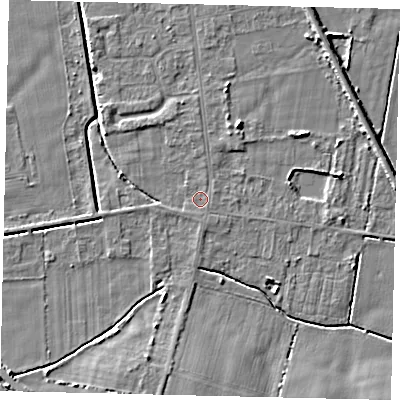 Shaded relief map of the ground around DN197QD, computed from Environment Agency LiDAR. The ground here sits at about 3 m above sea level and falls 5 m across the surrounding 800 m. Surface water reaching this point runs off ground lying to the east-north-east, 0.8 m higher.
