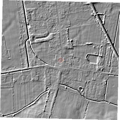 Shaded relief map of the ground around DN197QE, computed from Environment Agency LiDAR. The ground here sits at about 3 m above sea level and falls 5 m across the surrounding 800 m. Surface water reaching this point runs off ground lying to the east-south-east, 0.8 m higher.