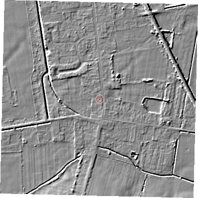 Shaded relief map of the ground around DN197QG, computed from Environment Agency LiDAR. The ground here sits at about 3 m above sea level and falls 5 m across the surrounding 800 m. Surface water reaching this point runs off ground lying to the north, 0.7 m higher.