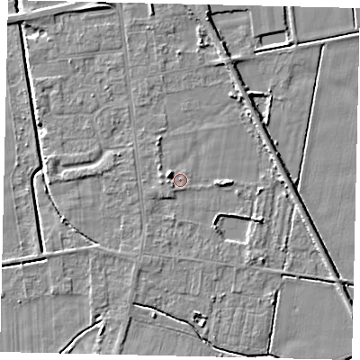 Shaded relief map of the ground around DN197QJ, computed from Environment Agency LiDAR. The ground here sits at about 3 m above sea level and falls 5 m across the surrounding 800 m. Surface water reaching this point runs off ground lying to the west-north-west, 2.0 m higher.
