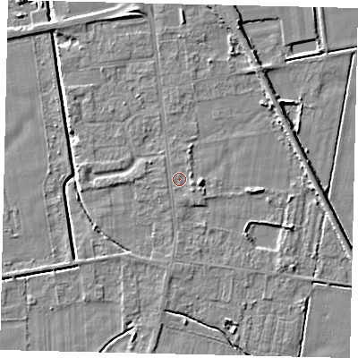 Shaded relief map of the ground around DN197QN, computed from Environment Agency LiDAR. The ground here sits at about 3 m above sea level and falls 5 m across the surrounding 800 m. Surface water reaching this point runs off ground lying to the east-south-east, 1.0 m higher.