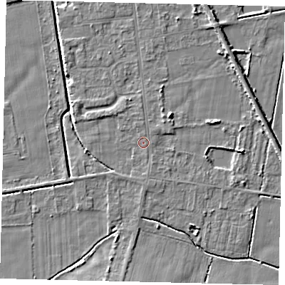 Shaded relief map of the ground around DN197QQ, computed from Environment Agency LiDAR. The ground here sits at about 3 m above sea level and falls 5 m across the surrounding 800 m. Surface water reaching this point runs off ground lying to the north-north-east, 0.7 m higher.