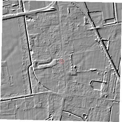 Shaded relief map of the ground around DN197QR, computed from Environment Agency LiDAR. The ground here sits at about 3 m above sea level and falls 5 m across the surrounding 800 m. Surface water reaching this point runs off ground lying to the east-north-east, 1.3 m higher.