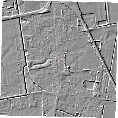 Shaded relief map of the ground around DN197QT, computed from Environment Agency LiDAR. The ground here sits at about 3 m above sea level and falls 5 m across the surrounding 800 m. Surface water reaching this point runs off ground lying to the east-north-east, 1.1 m higher.