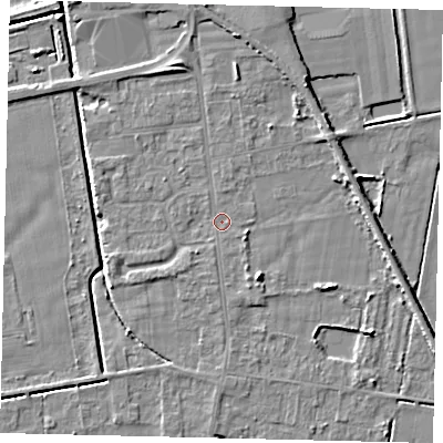Shaded relief map of the ground around DN197QU, computed from Environment Agency LiDAR. The ground here sits at about 3 m above sea level and falls 5 m across the surrounding 800 m. Surface water reaching this point runs off ground lying to the north-north-east, 3.3 m higher.