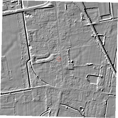 Shaded relief map of the ground around DN197QW, computed from Environment Agency LiDAR. The ground here sits at about 3 m above sea level and falls 5 m across the surrounding 800 m. Surface water reaching this point runs off ground lying to the west, 0.7 m higher.