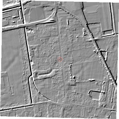 Shaded relief map of the ground around DN197QX, computed from Environment Agency LiDAR. The ground here sits at about 3 m above sea level and falls 5 m across the surrounding 800 m. Surface water reaching this point runs off ground lying to the north-north-east, 3.3 m higher.