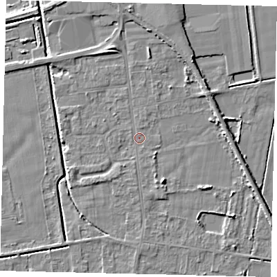 Shaded relief map of the ground around DN197QY, computed from Environment Agency LiDAR. The ground here sits at about 3 m above sea level and falls 5 m across the surrounding 800 m. Surface water reaching this point runs off ground lying to the north-north-east, 3.3 m higher.