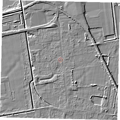 Shaded relief map of the ground around DN197QZ, computed from Environment Agency LiDAR. The ground here sits at about 3 m above sea level and falls 5 m across the surrounding 800 m. Surface water reaching this point runs off ground lying to the north-north-east, 3.3 m higher.