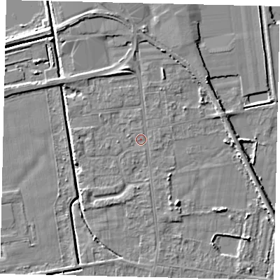 Shaded relief map of the ground around DN197RA, computed from Environment Agency LiDAR. The ground here sits at about 3 m above sea level and falls 5 m across the surrounding 800 m. Surface water reaching this point runs off ground lying to the north-north-east, 3.3 m higher.