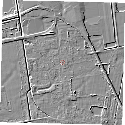Shaded relief map of the ground around DN197RB, computed from Environment Agency LiDAR. The ground here sits at about 3 m above sea level and falls 5 m across the surrounding 800 m. Surface water reaching this point runs off ground lying to the north-north-east, 3.3 m higher.