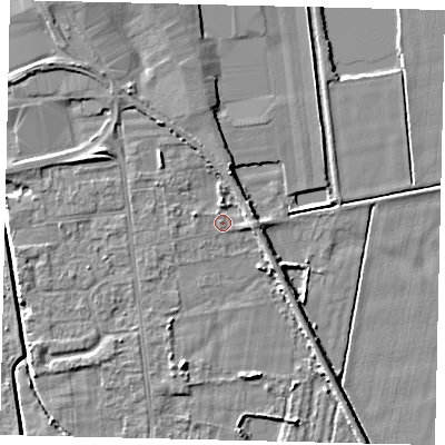 Shaded relief map of the ground around DN197RE, computed from Environment Agency LiDAR. The ground here sits at about 3 m above sea level and falls 6 m across the surrounding 800 m. Surface water reaching this point runs off ground lying to the north, 3.4 m higher.
