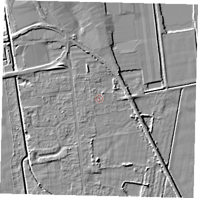 Shaded relief map of the ground around DN197RG, computed from Environment Agency LiDAR. The ground here sits at about 3 m above sea level and falls 5 m across the surrounding 800 m. Surface water reaching this point runs off ground lying to the north-east, 3.4 m higher.
